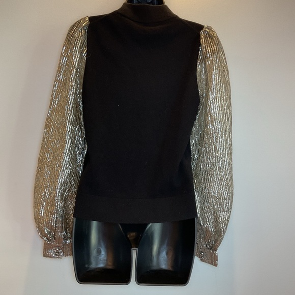 Tory Burch Cashmere Sweater Metallic Balloon Sleeve Mock Neck Black Gold S - Picture 3 of 9